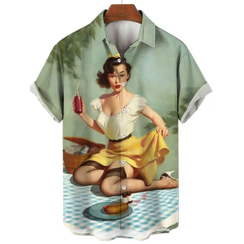 2023 Noi Bărbați Cămașă Hawaiană Maneca Scurta Top Sexy Zeita Print Camasa Pentru Barbati Moda Harajuku Stradă Haine Vintage Topuri