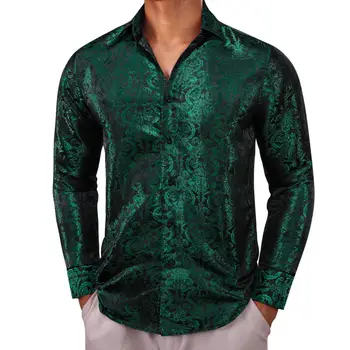 De lux Maneca Lunga Camasi pentru Barbati de Mătase de culoare Verde Închis de Flori se Potrivesc Subțire de sex Masculin Bluze Bluze Casual Respirabil Streetwear Barry Wang