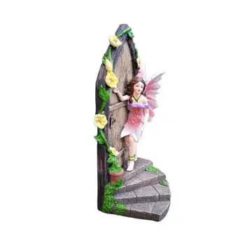 Drăguț Miniatură Ușa Statuie Fairy Elf Gradina Decor Rășină Zână Bate La Usa Arta Sculptură De Grădină Statui, Ornamente