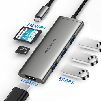 PULWTOP 6 in 1 USB C Hub pentru MacBook Pro/Air, Docking Station cu 4K HDMI 3*USB 3.0 SD/TF, USB Splitter pentru Dispozitive de Tip C