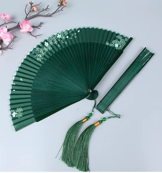 Pliere portabil Cheongsam Ventilator pentru Femei, Transporta pe, Stil Chinezesc Clasic, Mici, Vara, Antic, Verde