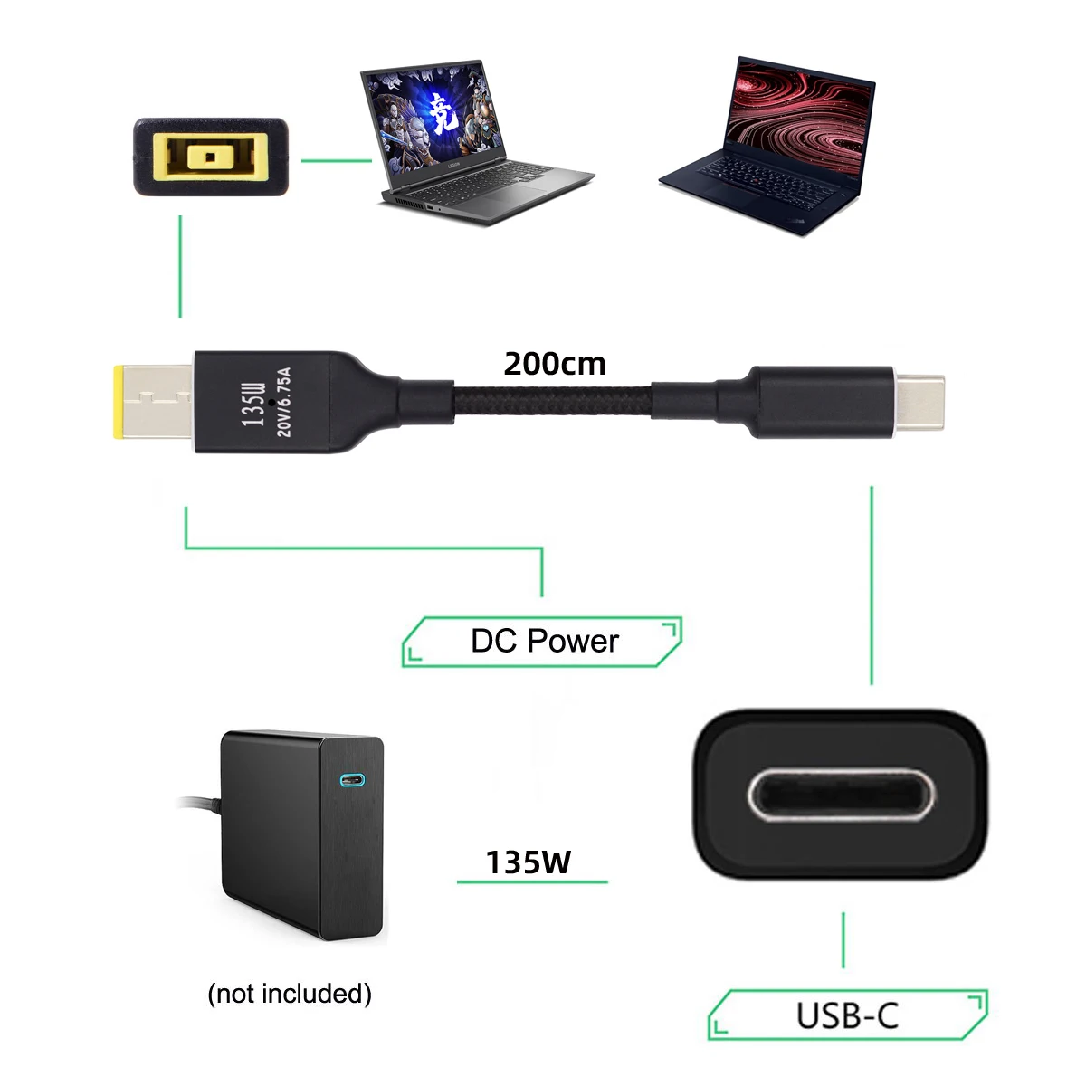 De tip C USB-C la DC Dreptunghi 11.0*4,5 mm Cablu de Încărcare DC20V 6.25 O 135W Putere PD Cablu Pentru Thinkpad X1 Legiunea Y7000P Laptop