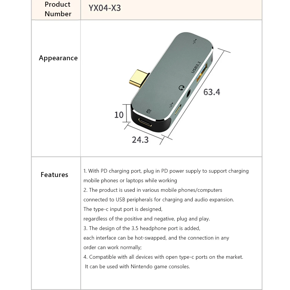 Tip C Extensie Hub 3.55 mm PD100W USB3.0/USB2.0/USB3.1 Compatibil HDMI Extender