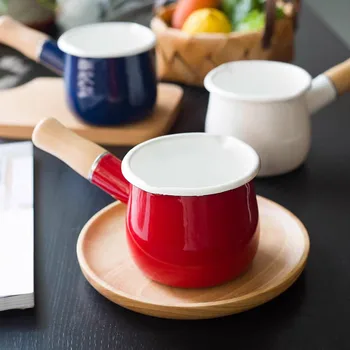 500ml Stil Japonez Mini Lapte Oala Cu Maner din Lemn de Email Unt Ibric de Cafea Cratiță Vase Tava De Aragaz Instrument de Bucatarie