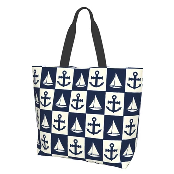 Albastru Marine Ancora Barca cu Panze Bleumarin Alb Vintage Art Canvas Tote Bag pentru Femei Weekend Bucătărie Sac de Bacanie