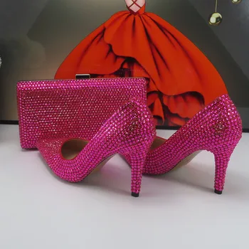 BaoYaFang Fuschia Petrecere de Pantofi și geantă de cristal Mireasa Nunta pantofi și genți de mână pentru Femei de Moda de Înaltă Pompe Subliniat Toe pantofi Femei