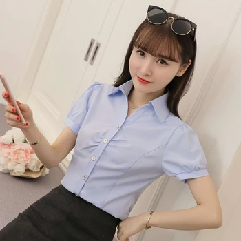 Coreeană Tricou Alb Femei Vara Puff Maneca Bluza Tricouri de Afaceri V-neck pentru Femei Cămăși și Bluze OL Șifon Buton Topuri de Femei