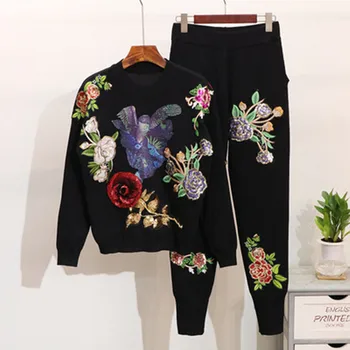 De înaltă Calitate 2023 Toamna Femei, haine de Moda Paiete Broderie Flori Tricotate Pulover+Pantaloni Casual Femei din Două Piese Utilaje