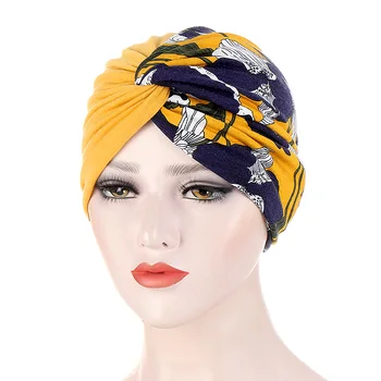 Dublu-strat Musulman Folie Cap Pălăria cu Flori Imprimate Tesatura Mozaic Răsucite Turban articole pentru acoperirea capului Capac Femei Stretch Somn Pălărie