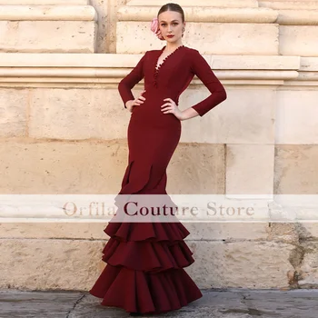 Elegant, De Culoare Roșu Închis Flamenco Rochie De Bal 2023, Cu Volane, Mâneci Lungi Coadă De Pește Rochii De Seara Formale Vestidos De Fiesta