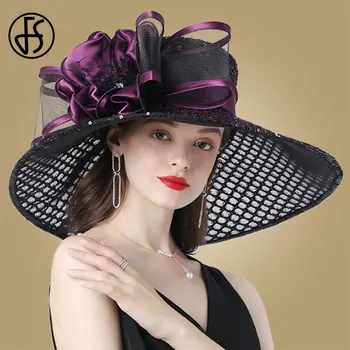 FS Violet Doamnelor Pălării Fascinator Nunta Kentucky Derby Pălării Pentru Femei Flori Pălării Mari Margine Largă Fedora Organza Pălărie Biserica