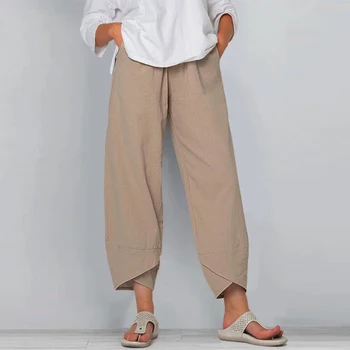 Femei Pantaloni Largi Lenjerie de pat din Bumbac Toamna Lounge Pantaloni Trunchiate Pantaloni Lungi cu Buzunare Casual, Talie Elastic Supradimensionate Costum de zi cu Zi