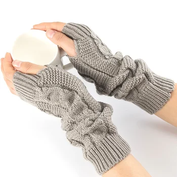 Jumătate Degetul Mănuși Tricotate Pentru Femei Mid-lungime Culoare Solidă Dungă Diagonală de Acoperire Braț Cald Iarna Degete Bratul
