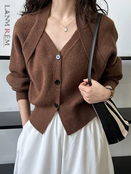 LANMREM Stil coreean Îmbinat Pulover tricotat pentru Femei V-Neck Singur Pieptul Solid Strat de Culoare de Moda 2023 Iarna Noi 2AA2485