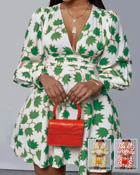 LW Dulce Moda Rochie Adânc V-Gât imprimeu Floral Mini O Linie Decolteu Femei Imbracaminte de Vara cu Maneci Lungi Doamna Eleganta Tinutele