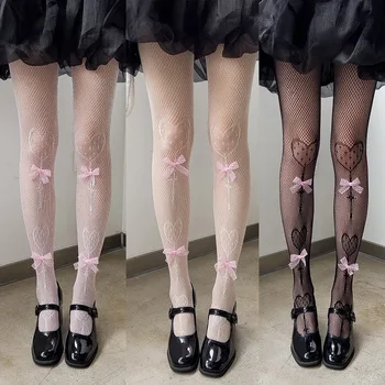 Lolita Stocare Papion Inima Fishnet Ciorapi Japoneze JK Ciorapi de Dantelă Panglică Șosete Fata Dulce Y2K Mare Coapse Ciorapi de Cosplay