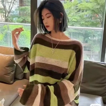 Moda coreeană Dungi Tricotaje pentru Femei este 100% Lână Merinos Îmbrăcăminte de Top O-Gât Pulover Casual Pierde Larg În Toamna / Iarna