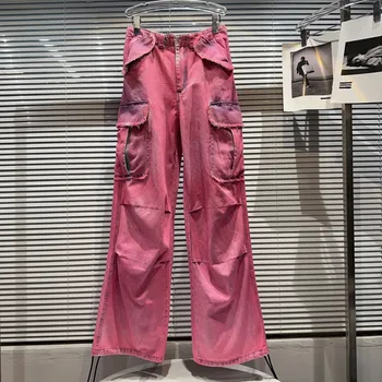 PREPOMP 2023 Vara Noua Colectie Buzunare Laterale Vintage Rose Roz Blugi Lungi pentru Femei Pantaloni din Denim GK837