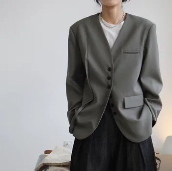 SuperAen Toamna Noua Japonia Stil De Design Blazer Lung Liber Maneca V Gat Strat De Sacou Femei De Top