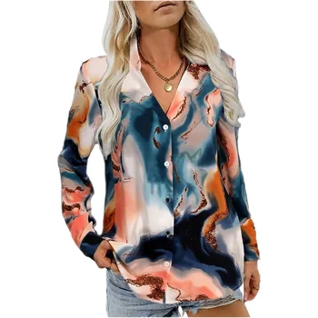 Toamna cele mai Noi Haine pentru Femei cu Maneci Lungi la Modă Tipărite Buton de Cămașă Sexy V-Neck Bluze Femei Bluza Camasi pentru Femei